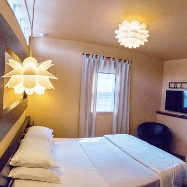 NO, those aren't the curtains........we now have room darkening blinds and room darkening curtains....and a new bigger ROKU TV !