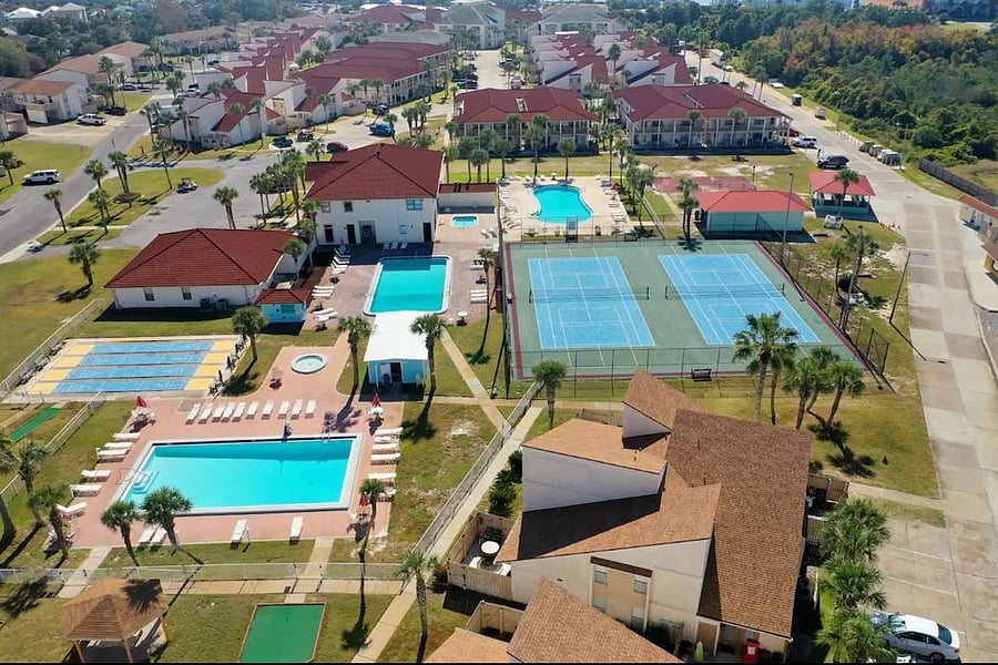 This is a drone view of the am amenities and clubhouse. 