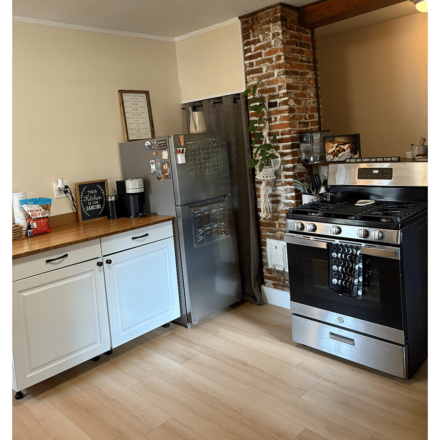 Stainless steel appliances, bamboo countertop.