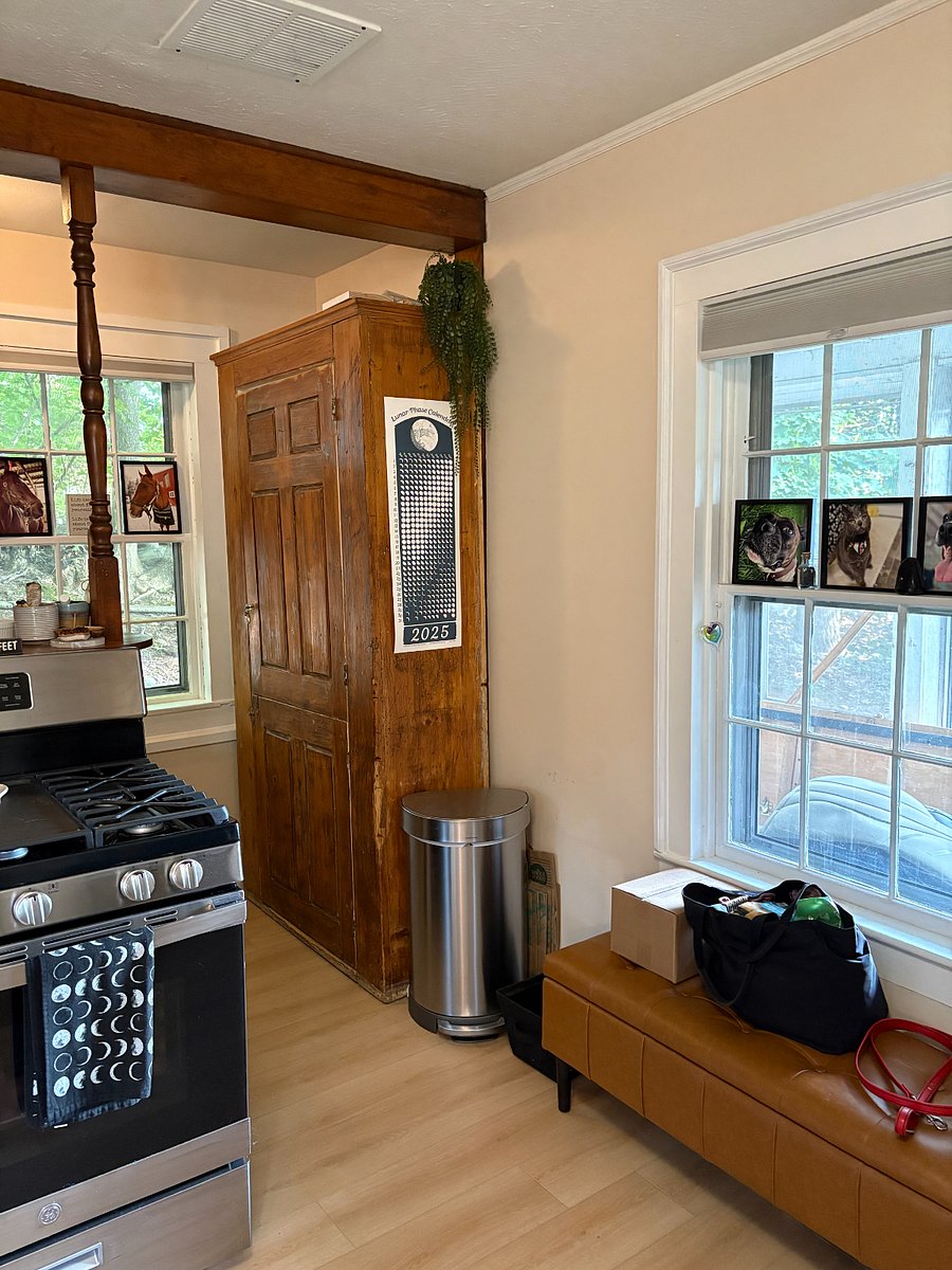 Large antique cabinet for storage of dishes and food.  Pantry area located behind stove.