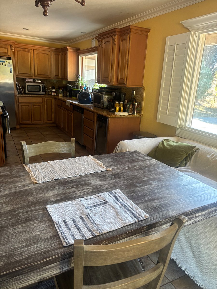 Shared kitchen, dining space