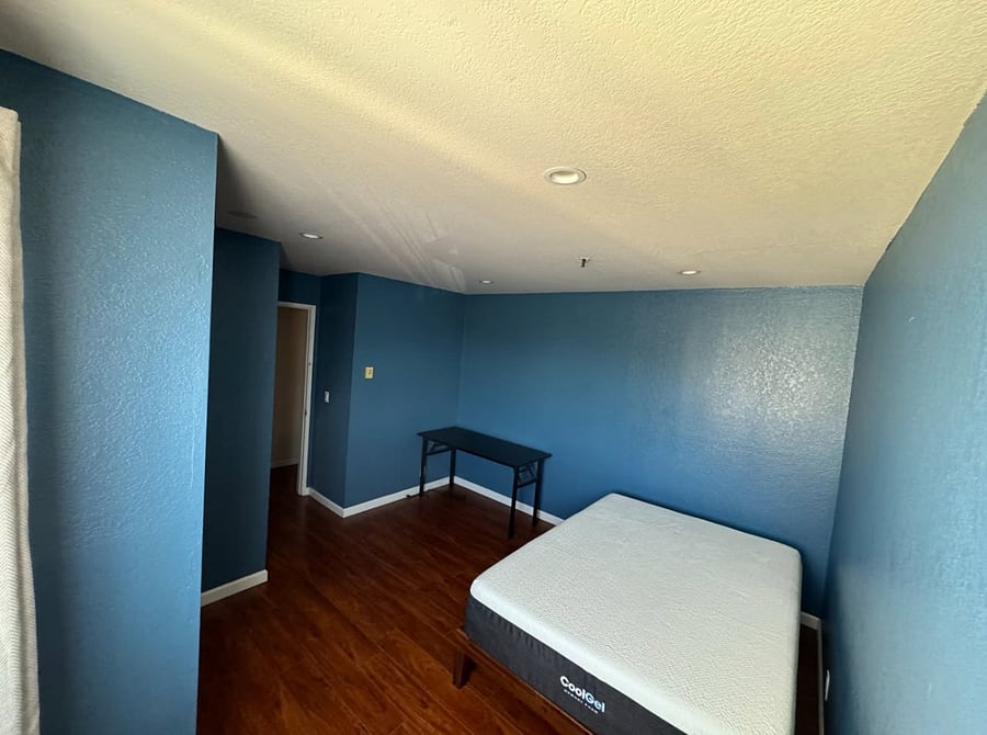 1st bedroom, comes with 1 Full Sized Bed and Desk. Sheets and pillow will be provided. Bathroom is in front of this bedroom.