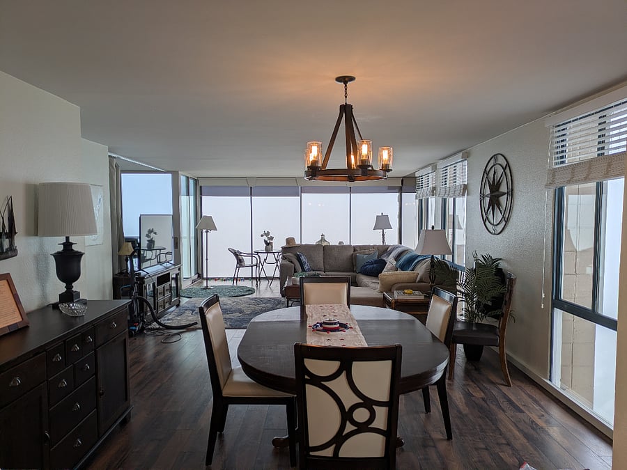 Dining area with seating for 6-8 people.