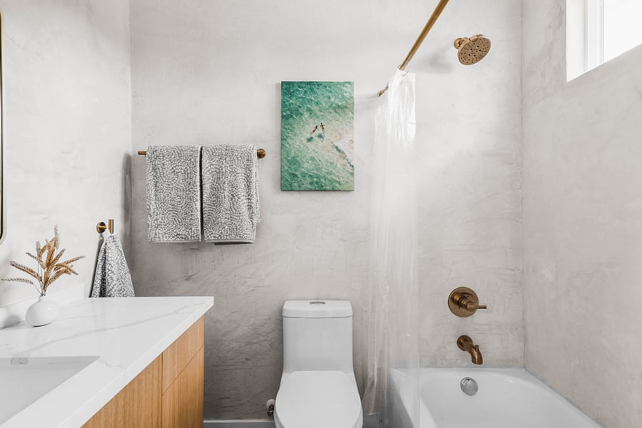 Modern microcement walls and shower, no grout lines = no mould!