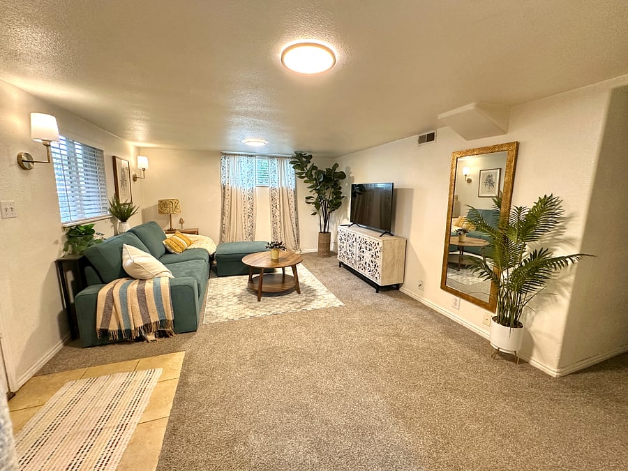 Shared living room space with cozy couch and tv.