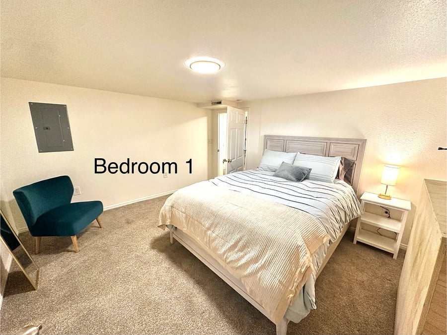 Private bedroom with queen bed, dresser, and a large office with two closets. Bedroom doors are keyed entry locking for more privacy.