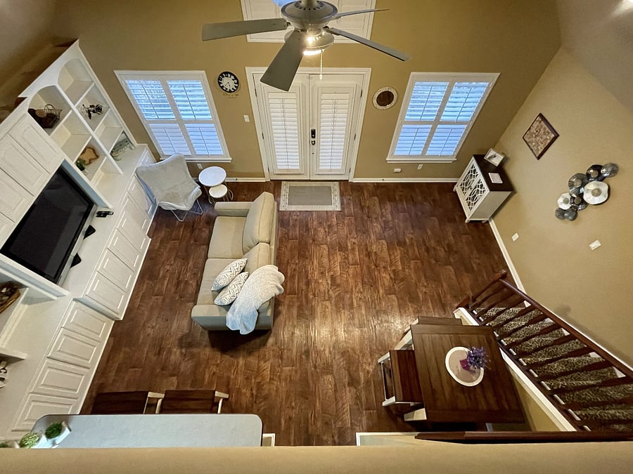View of the living room from the upstairs open bedroom