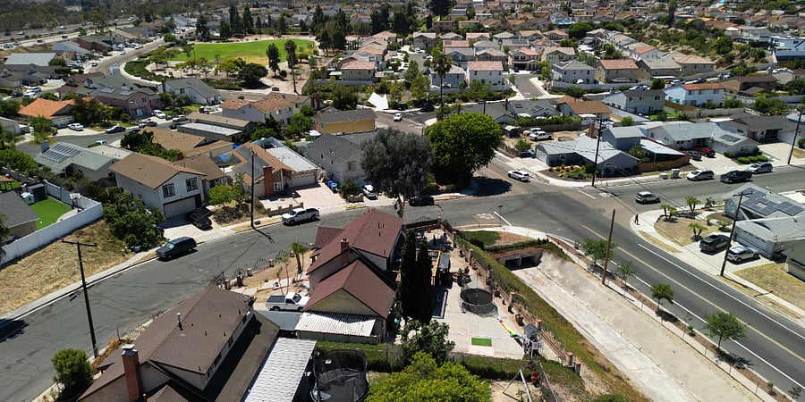 Aerial view from Garber Ave of MTS Bus stop (Parkside Ave/Landscape Dr). "White Arrow" pointing.