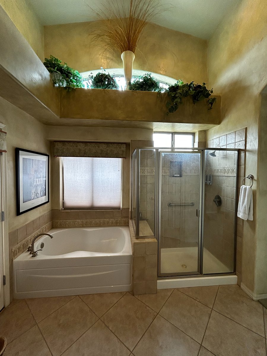 Primary bathroom with walk in shower and soaking tub overlooking mountain