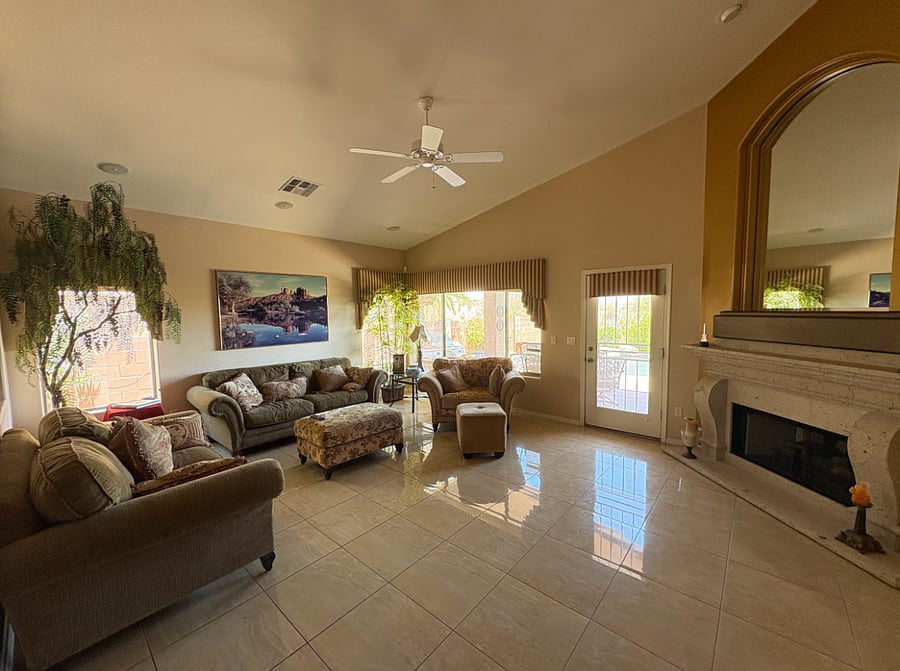 Family Room with Smart TV overlooking the pool and mountain views
