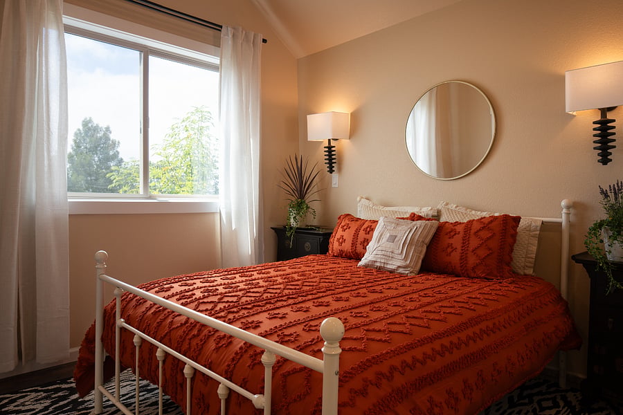 New Queen size bed. High end wood & linen wall sconces