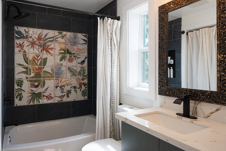 Handmade tile mural, rain shower head. All brand new