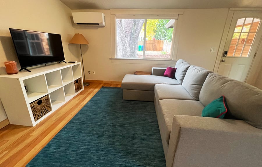 Living room with smart TV, couch converts to a queen bed