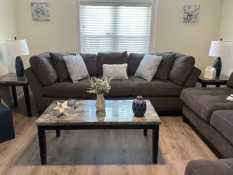 Large living room w/ comfortable furniture, smart TV, bluetooth speaker, games & ceiling fan