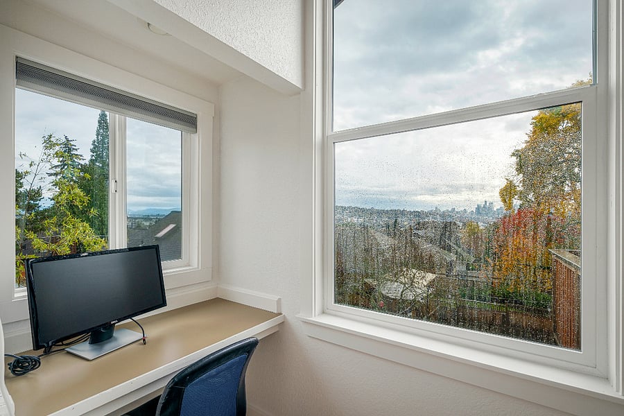 Master bedroom workspace with lake views