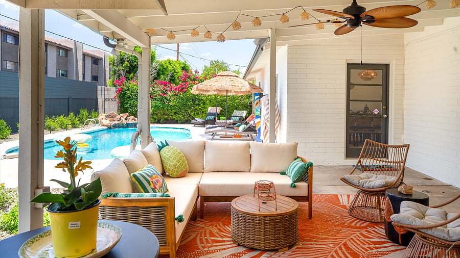 Covered lounge overlooking the pool-one of our favorite places to gather