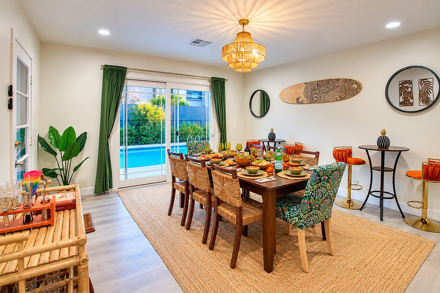 Plenty of room to gather around the table-with the pool just outside