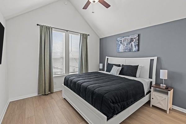 Primary Bedroom with King Size Bed and 55 Roku Smart TV. Blinds and Black Out Curtains.