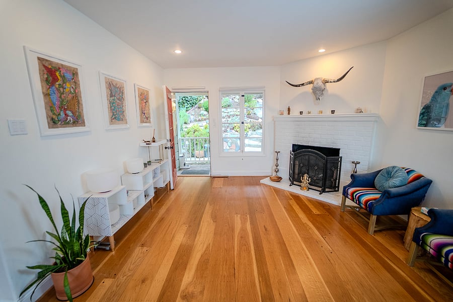 Living area, working fireplace and front door