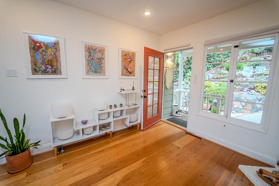 Front entry with window facing large garden