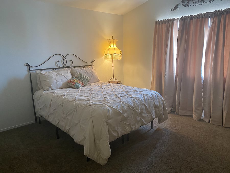 Queen medium firm mattress.  Pottery barn lamp with antique shade.