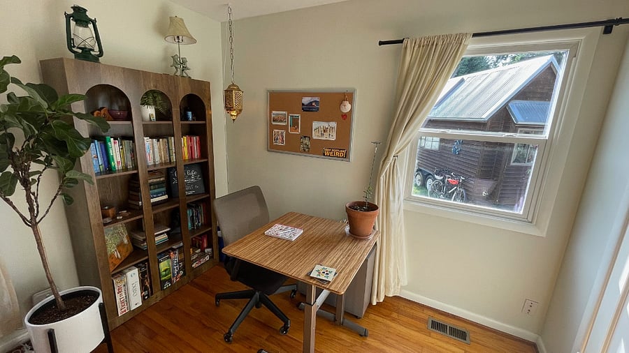 Close up of the workspace (and you can see the tiny house in the backyard out this window)