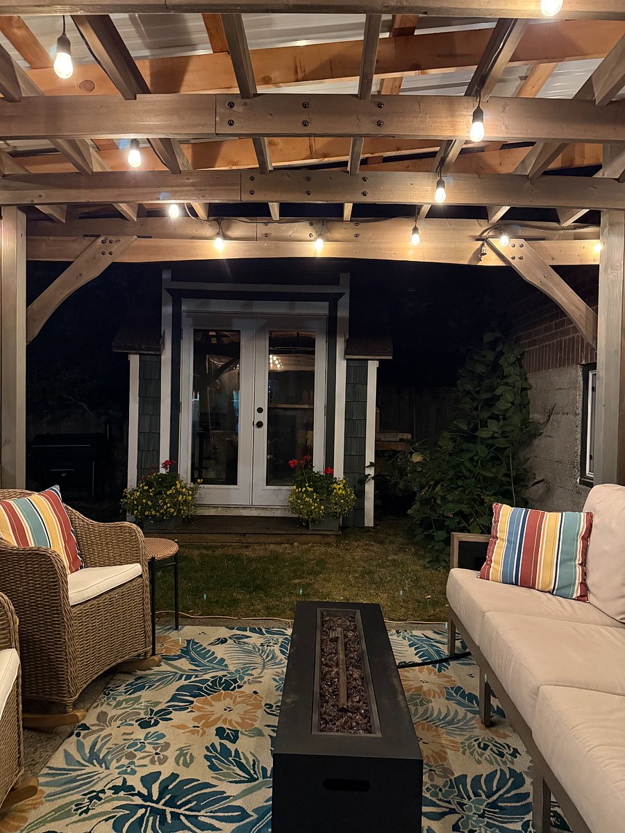 Patio has fire pit and overhead heater if you want to enjoy being outside on a chilly night. 