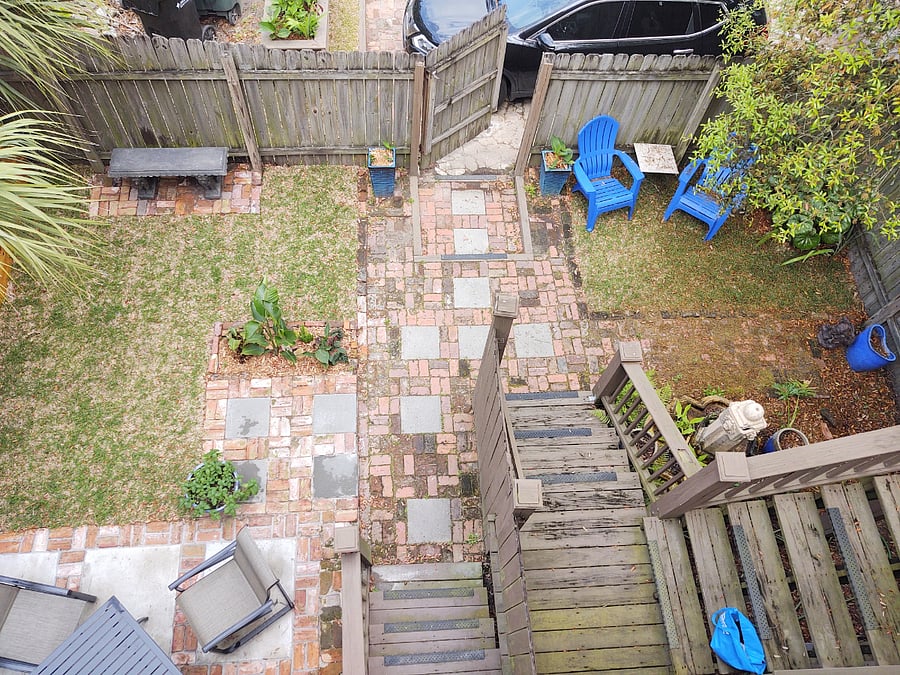 Overhead View of courtyard, entry gate and off-street parking space