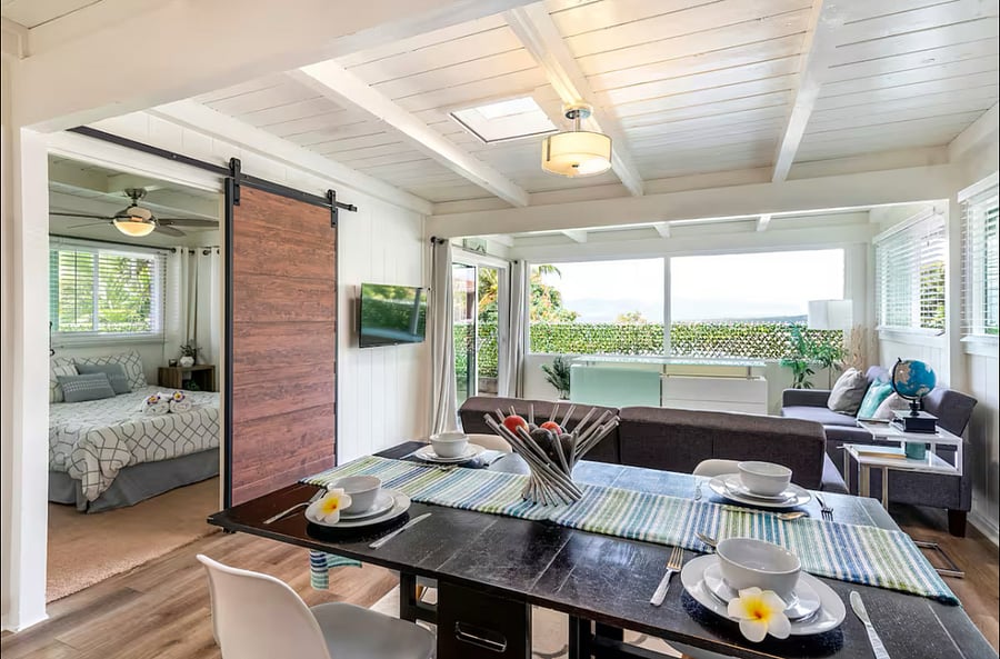 UNIT B - 2 BEDROOM

Has a nice panoramic window with unobstructed view of the Waianae range. Living room has 2 sofa beds, unit window AC and wall mounted TV. Dining room has a large table with 6 chairs. Open concept design. 