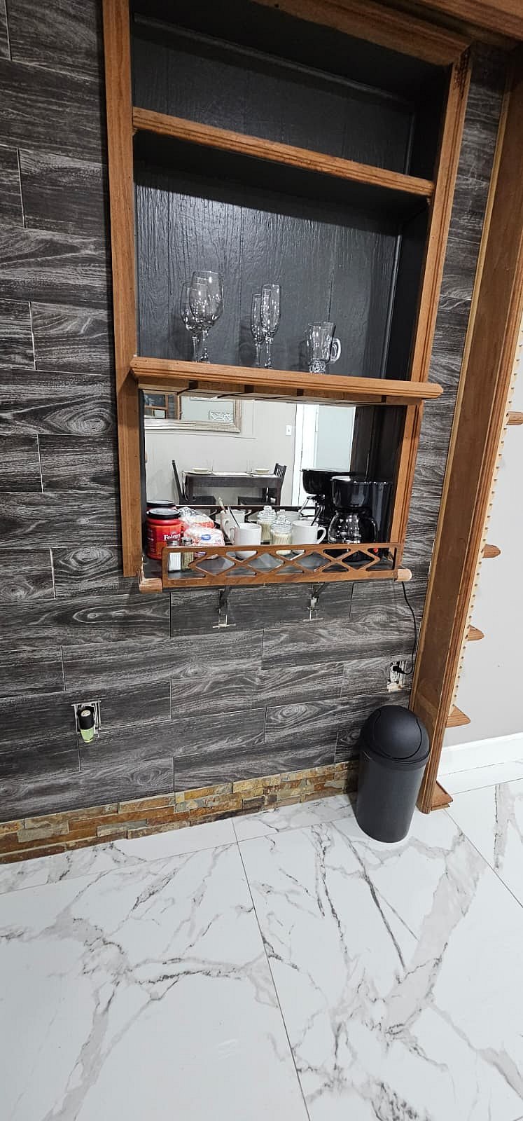 Coffee maker, filters, sugar, salt, pepper , cups