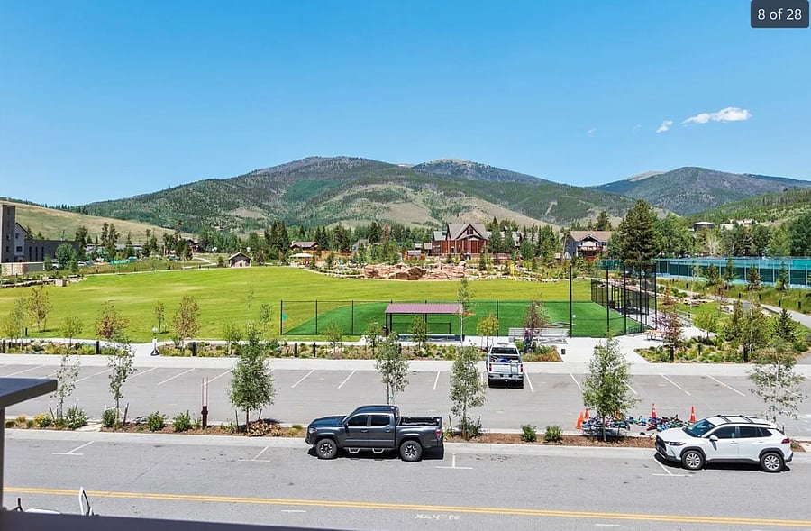 View from the balcony, Dillon Town Park. The Summit Stage stop is just right of the park.
