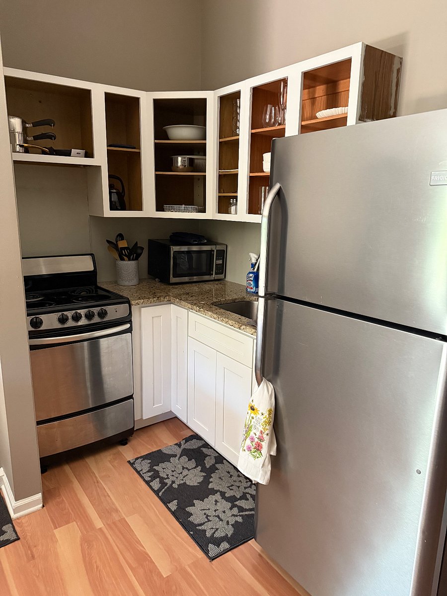 Full size refrigerator with stove and microwave