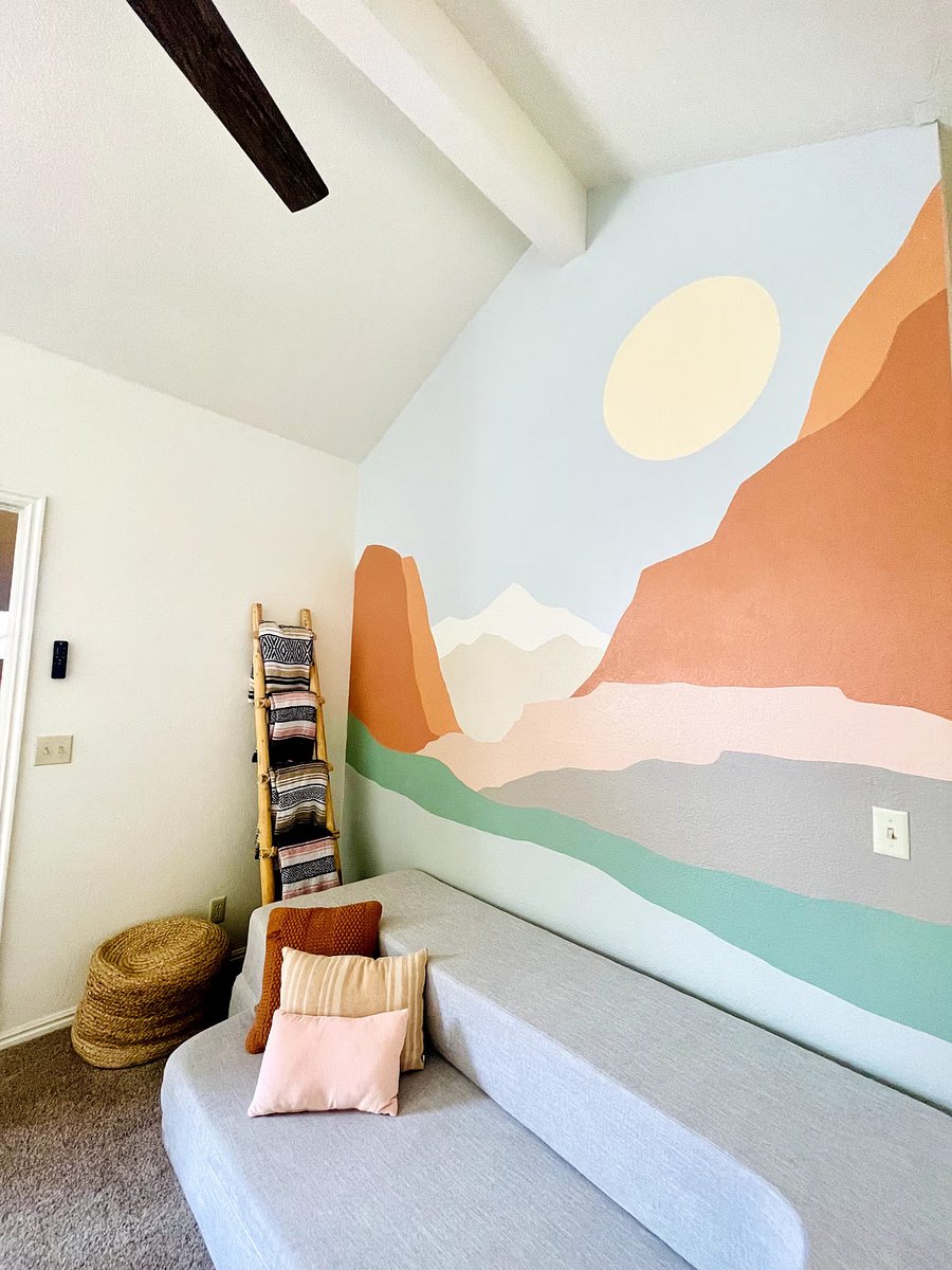 A custom mural of Snow Canyons red-rock cliffs brings the desert indoors