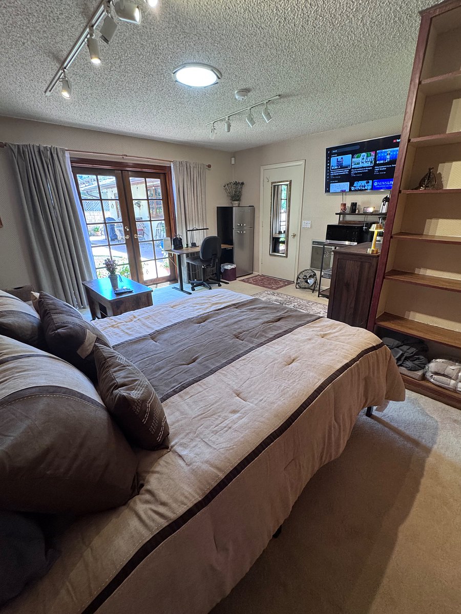 6-tier shelves, refrigerator, electric standing desk, blackout curtains