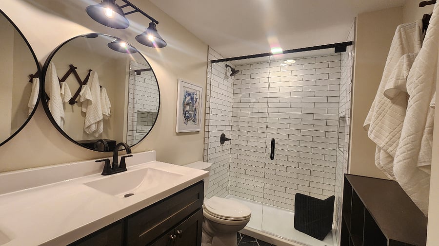 Luxury Tiled Bath w Double Vanity Shared w "The French Broad"