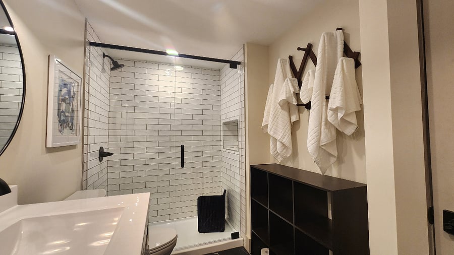 Luxury Tiled Bath w Double Vanity Shared w "The French Broad"