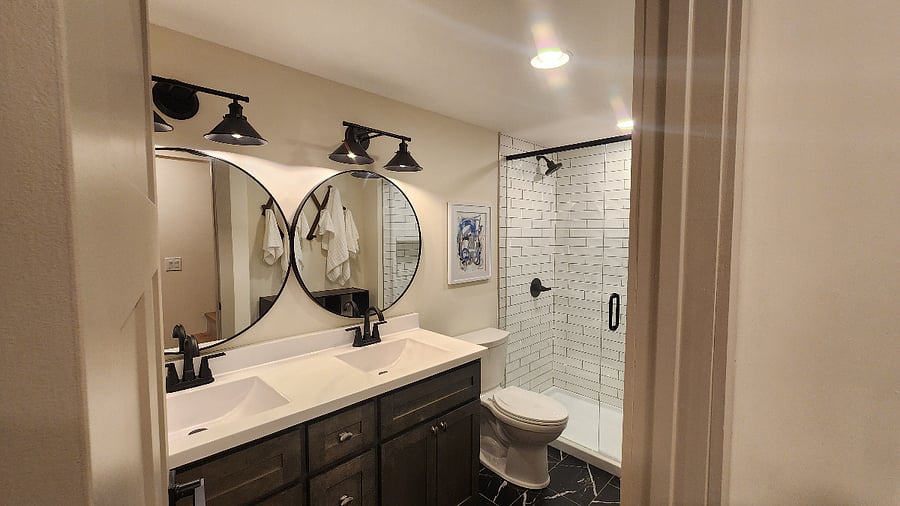 Luxury Tiled Bath w Double Vanity Shared w "The Holston""