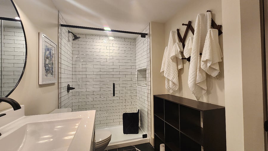 Luxury Tiled Bath w Double Vanity Shared w "The Holston"