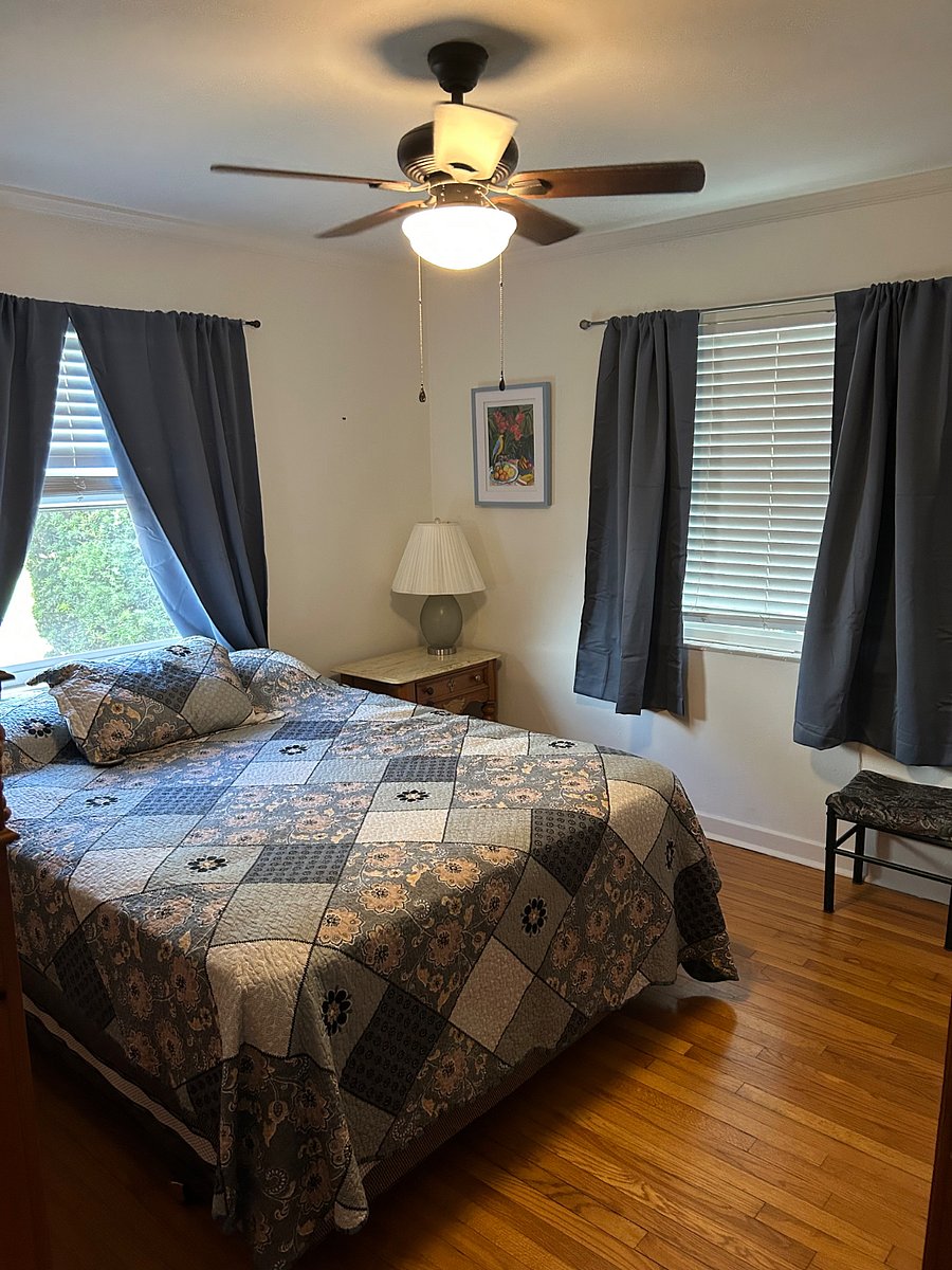 2nd bedroom Denim blue blackout curtains, Large Cedar closet.