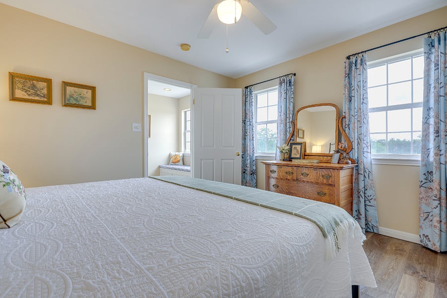Secondary "bird" theme room with antique dresser and large closet
