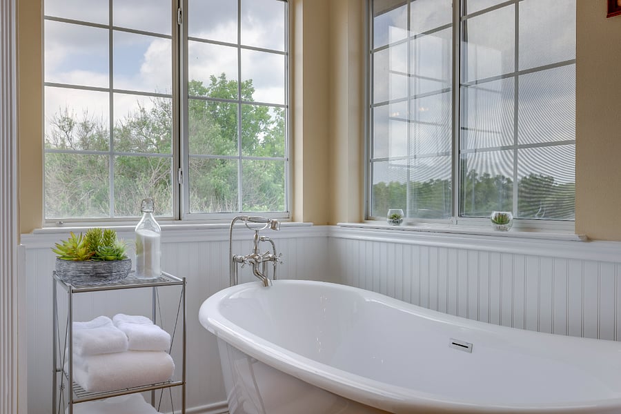 Primary bathroom with spa-like ambience and long-distance hill country views