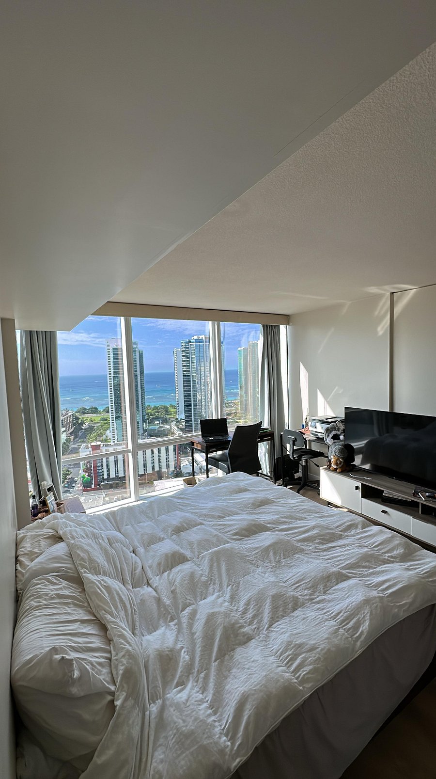 Master bedroom with a king size bed and private bathroom.