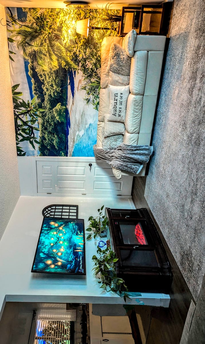 Enjoy the beauty and warmth from our faux fireplace while having a latte and watching Netflix