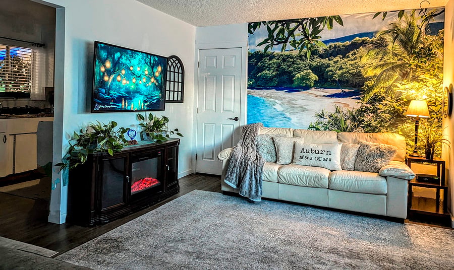 Living room electric fireplace, white leather sofa, and a large Smart TV