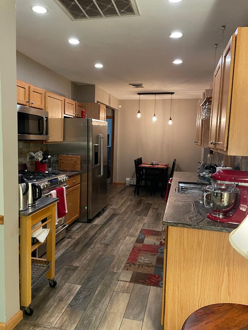 kitchen from living room - kitchen has heated flooring