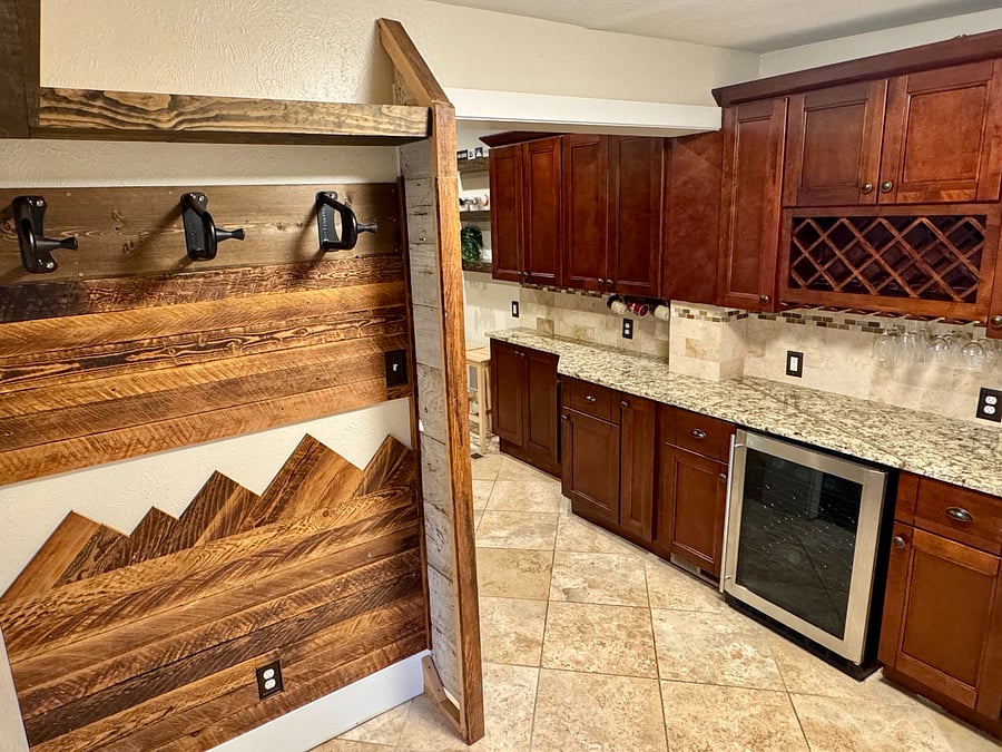 Custom bike storage, wine rack/fridge, glasses