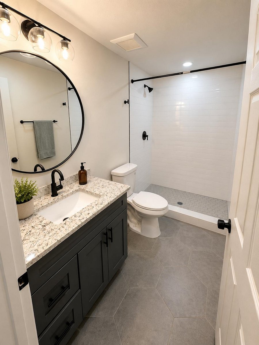 Bathroom with a granite-top vanity, round mirror, and walk-in shower finished with white tile and matte-black fixtures.