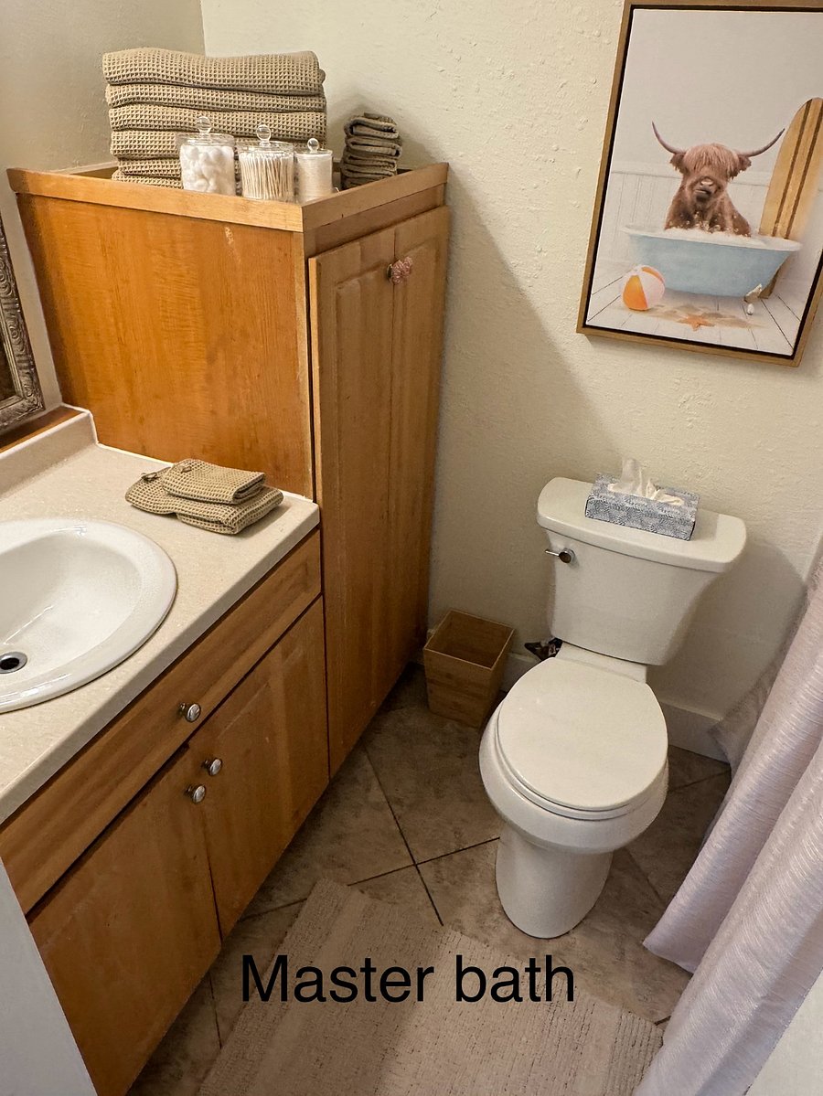 Private master bath. Walk in shower includes bath linens, and all the essential starters.