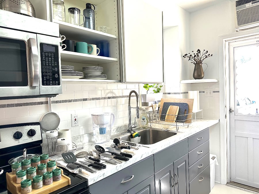 Kitchen is well-equipped with cutting board, sharp knives, spices, and array of utensils, pots and pans.. so that you have everything you need!