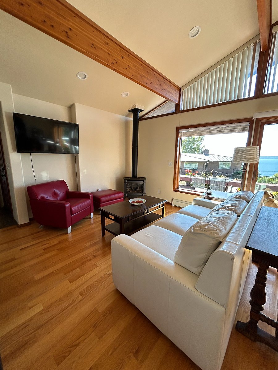 Living Room with Gas Fireplace, American Leather Couch with Queen Size Pull out Bed